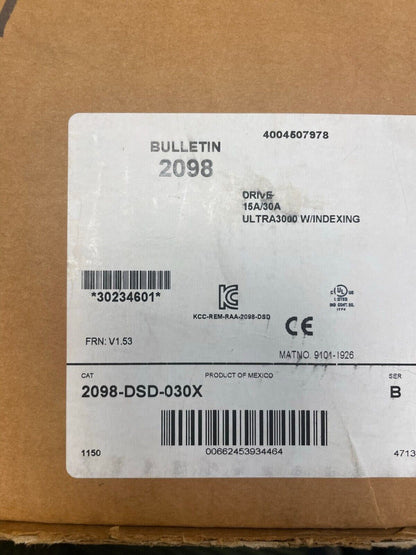 New Allen Bradley 2098-DSD-030X BULLETIN 2098 SERCOS DRIVE 15A/30A ULTRA 3000 W/INDEXING In Stock
