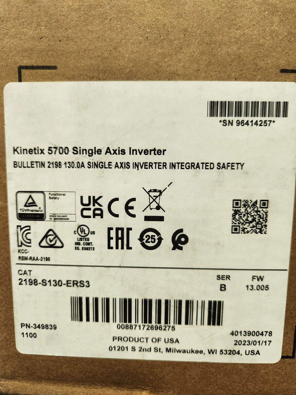 New Allen Bradley 2198-S130-ERS3 Kinetix 5700 Single Axis Inverter BULLETIN 2198 130.0A SINGLE AXIS INVERTER INTEGRATED SAFETY